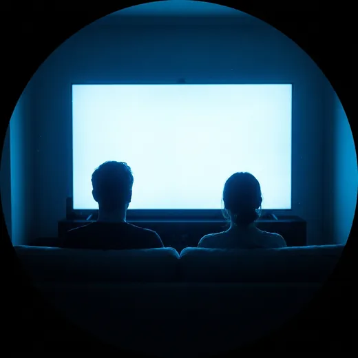 Two people watching a large bright television in a dark living room