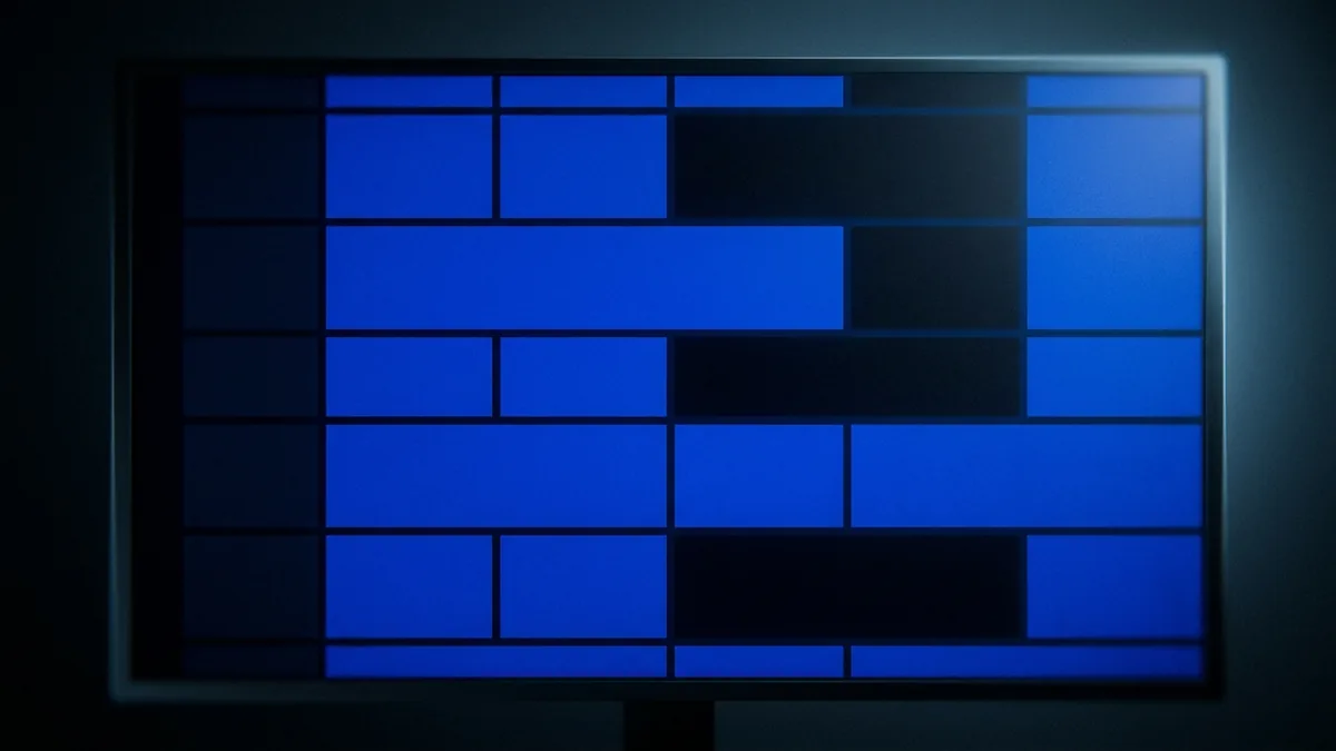 A television screen filled with an abstract electronic programme guide grid in blue and dark tones