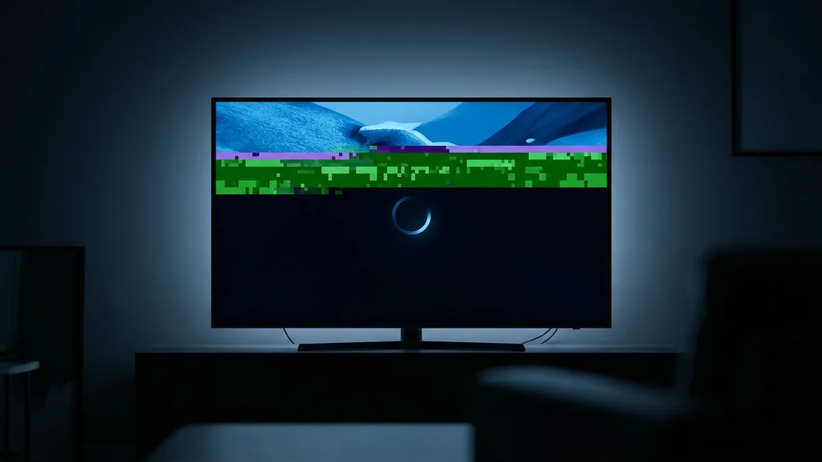A television in a dark room showing compression artefacts and a faint circular loading indicator
