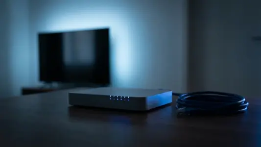 An internet router with blue status lights on a desk, an ethernet cable coiled beside it