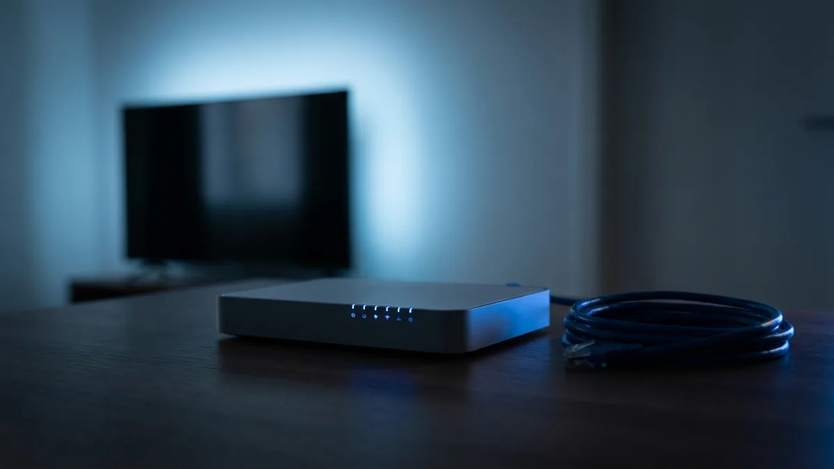 An internet router with blue status lights on a desk, an ethernet cable coiled beside it