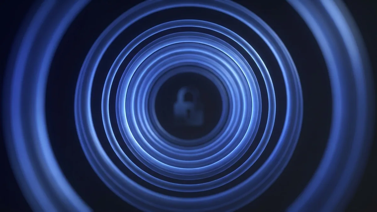 An abstract glowing blue tunnel of concentric rings receding into darkness with a faint padlock shape