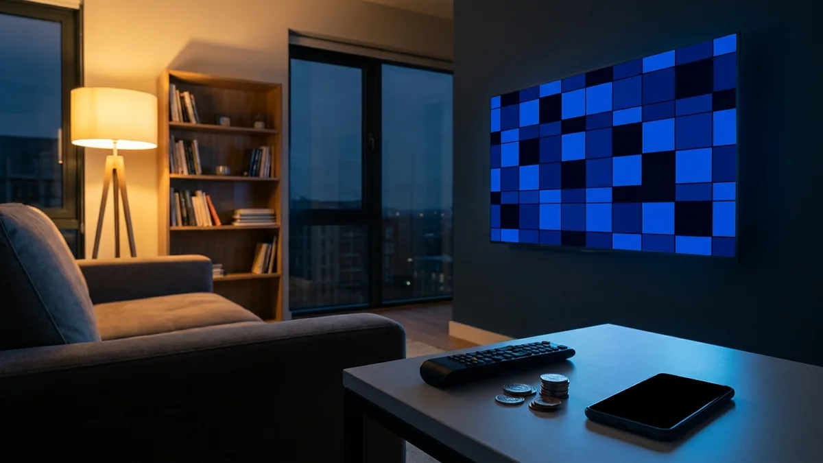A wall-mounted television glowing blue in a dark living room, with a remote, coins and a phone on the coffee table