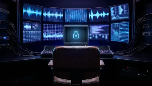 A dim broadcast control room with a wall of monitors showing blue waveforms, one displaying a padlock symbol